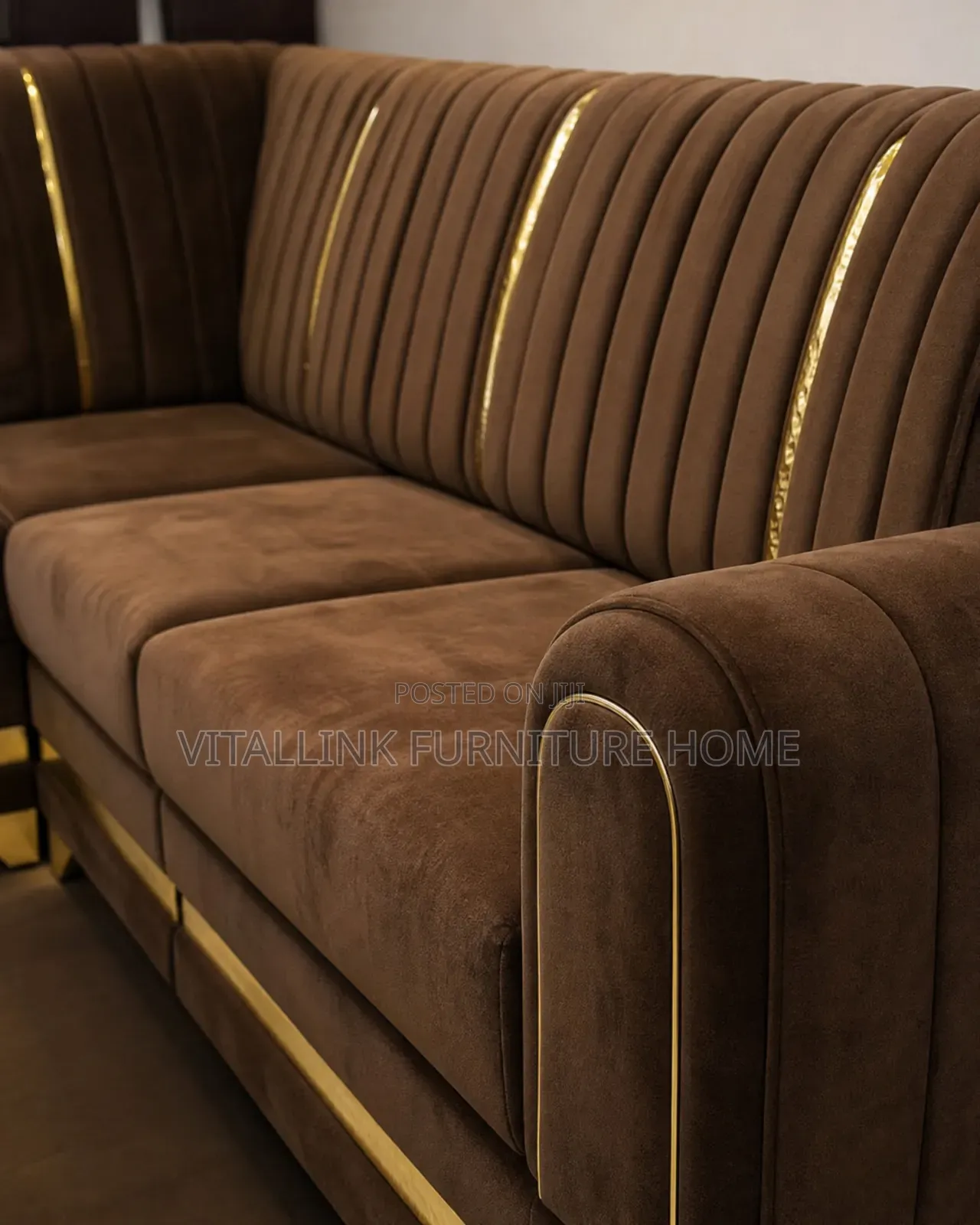 Luxury Brown Velvet L-Shape Sectional Sofa With Gold Trim