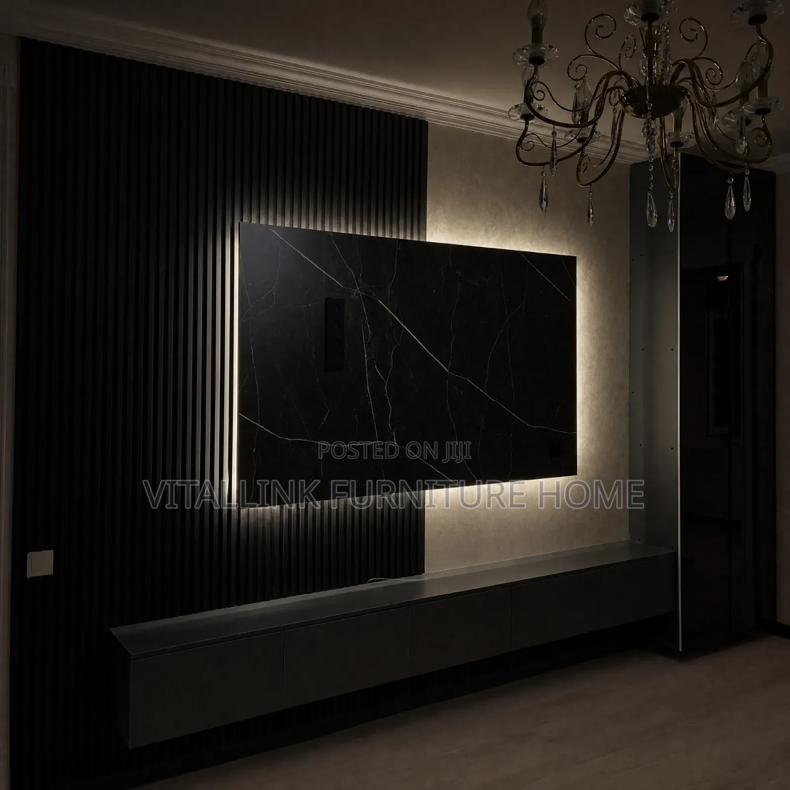 Luxury Black Fluted TV Wall Unit With Marble Panel & LEDs