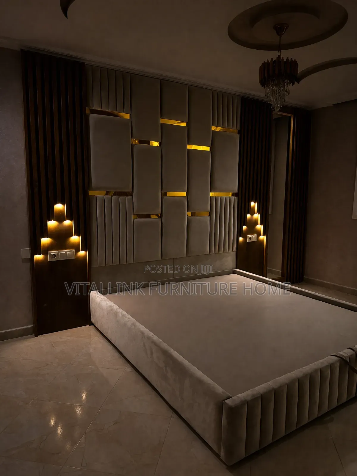 Luxury Cream Velvet Bed With Gold Trim & LED Headboard