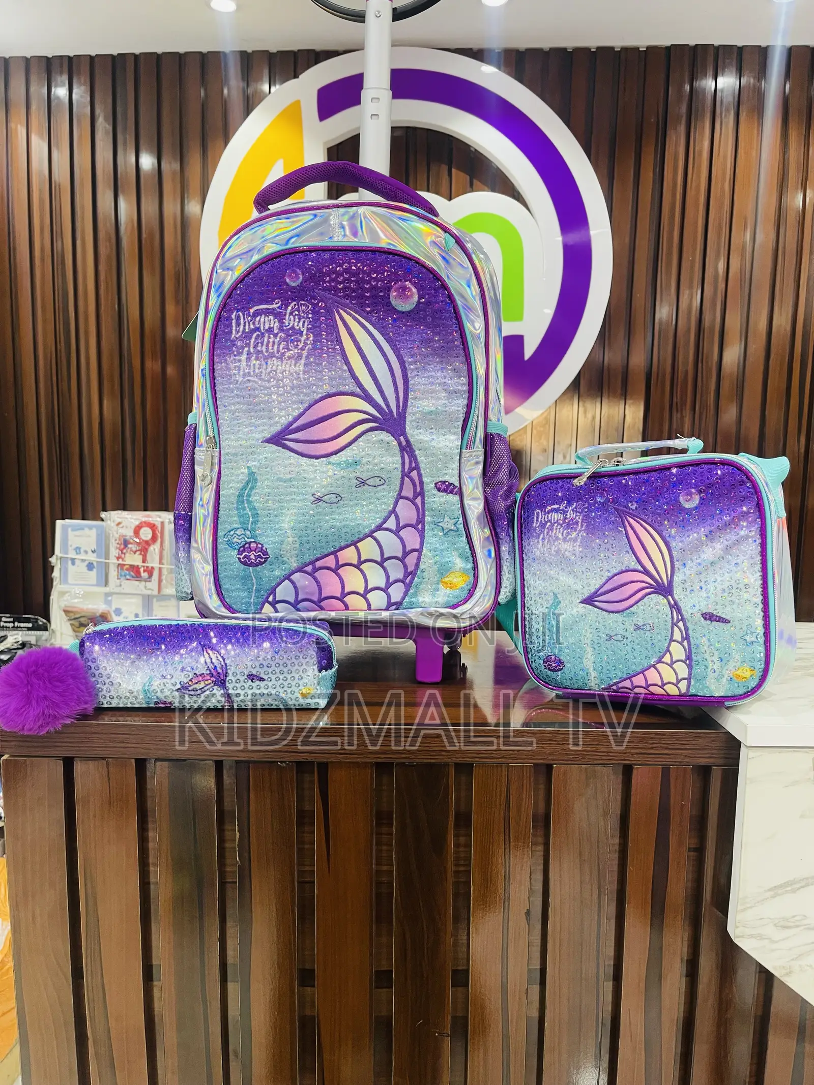 Beautiful 3-Piece Mermaid Trolley School Bag Set