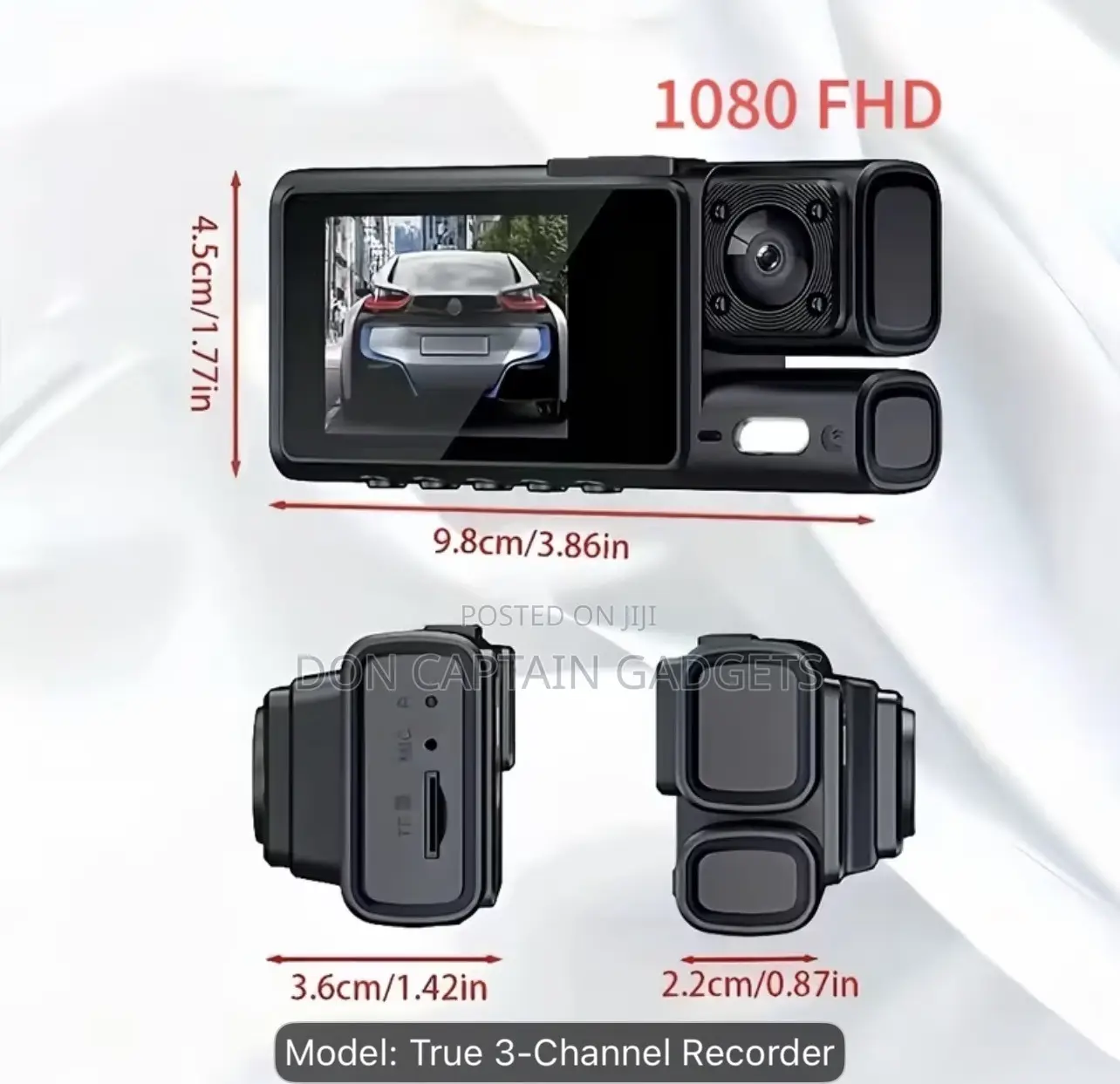 Real 3-Channel Dash Cam, Front 1080 FHD, Rear 480P, Reverse Image