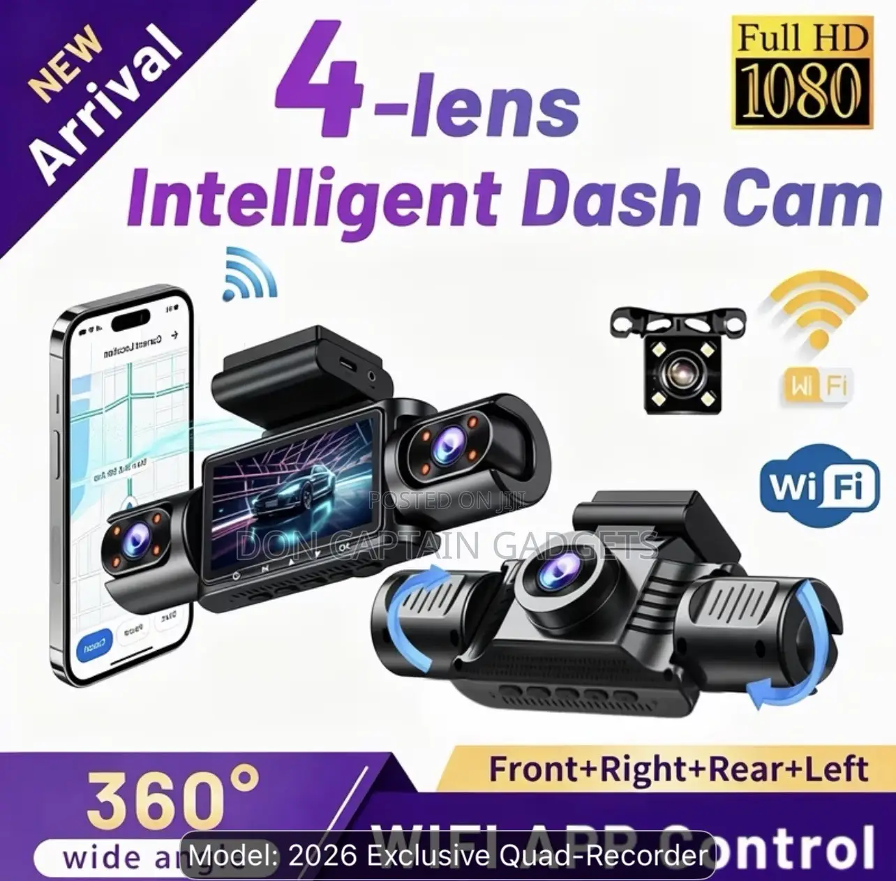 4 Lens WIFI Dash Cam, Front 1080P, Interior 720P, Rear 480P, Reverse