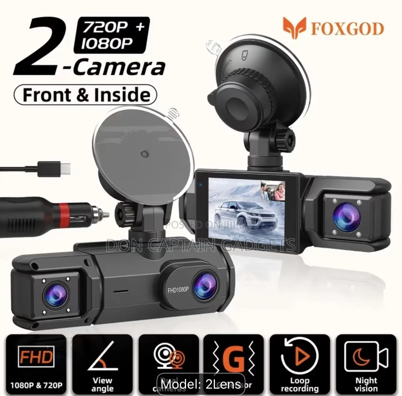 FOXGOD Dash Cam Front Camera 1080P & Inside Camera 720P, 170° Wide