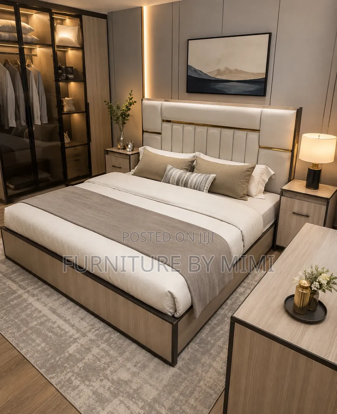 Luxury 6x6 Modern Platform Bed With Gold Accent Headboard