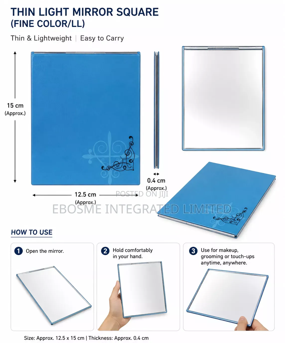 Thin Lightweight Portable Makeup Mirror – Blue 12.5 × 15cm