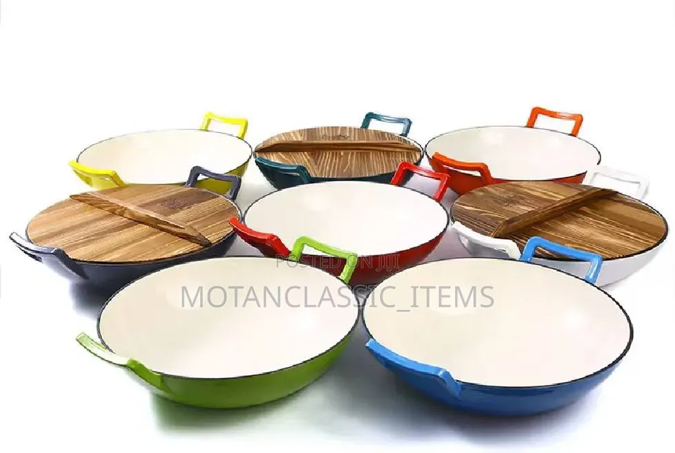 Enamel Cast Iron Wok Pan With a Wooden Cover