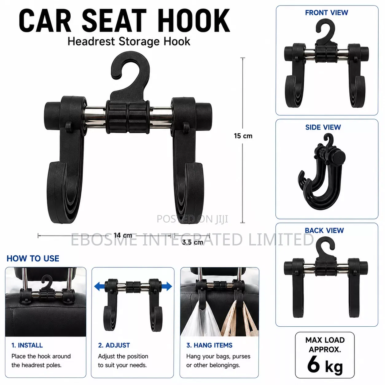 6kg Car Seat Headrest Hook for Bags & Hangers – Black