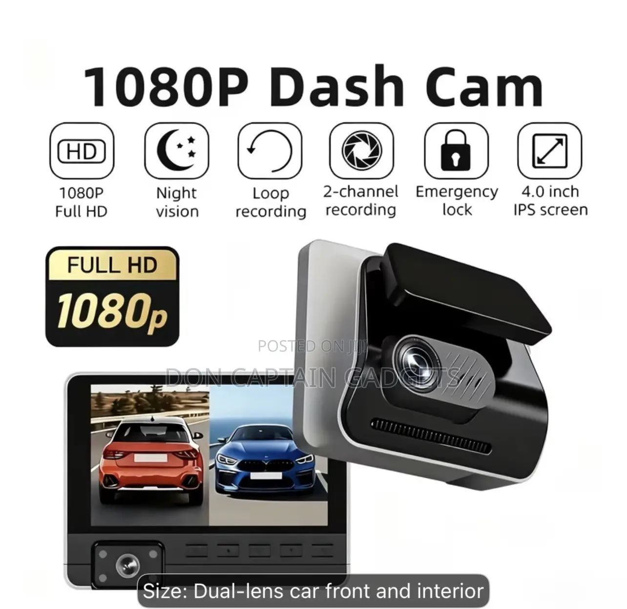 Dual-Lens Dash Cam 1080P Front Recording + 720P Rear Recording 4-Inch