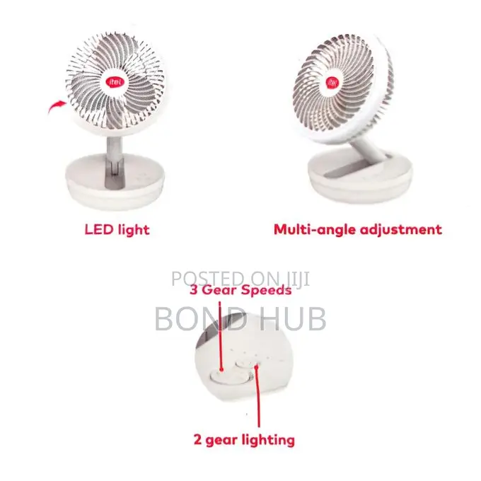 Itel 8-Inch Foldable Rechargeable Fan 4000mAh Battery LED Light