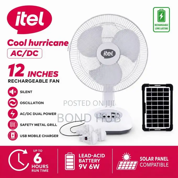 Itel 12 Inch Solar Rechargeable Fan + Panel & 2 Bulbs. Solar Desk Fan