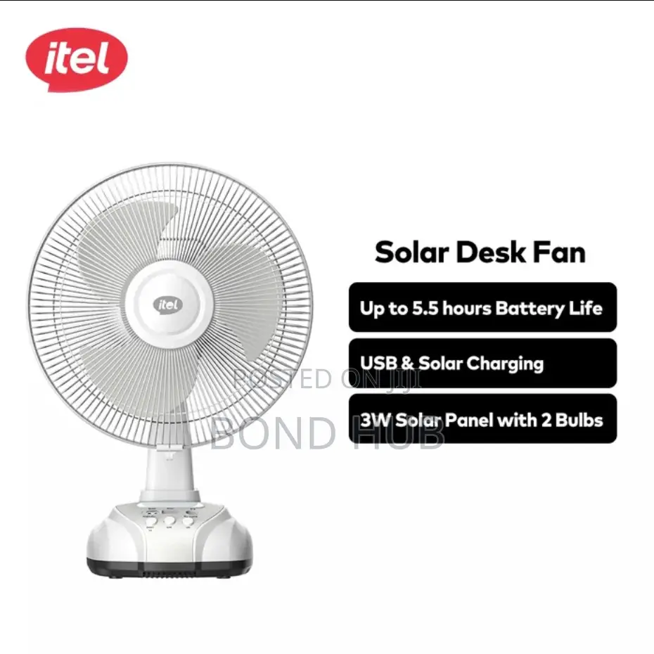 Itel 12 Inch Solar Rechargeable Fan + Panel & 2 Bulbs. Solar Desk Fan
