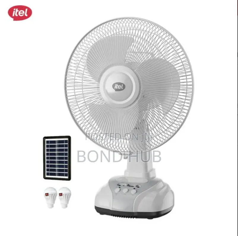 Itel 12 Inch Solar Rechargeable Fan + Panel & 2 Bulbs. Solar Desk Fan