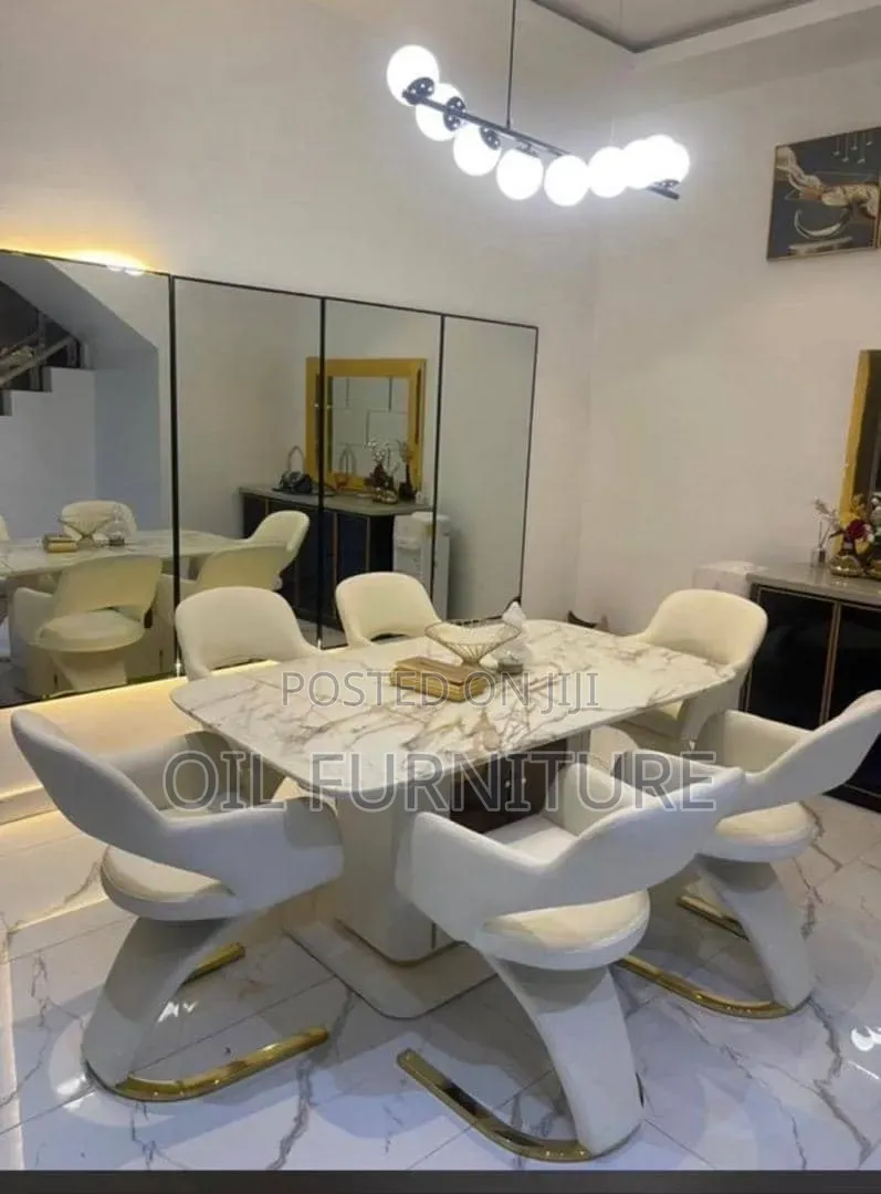 ​Luxury 6-Seater Marble Top Dining Set With Modern Cantilever Chairs