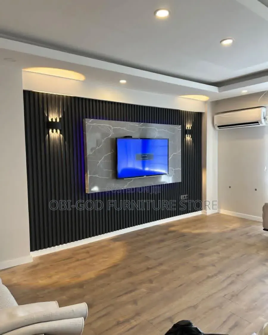 Modern Floating TV Console With Wall Panel Design