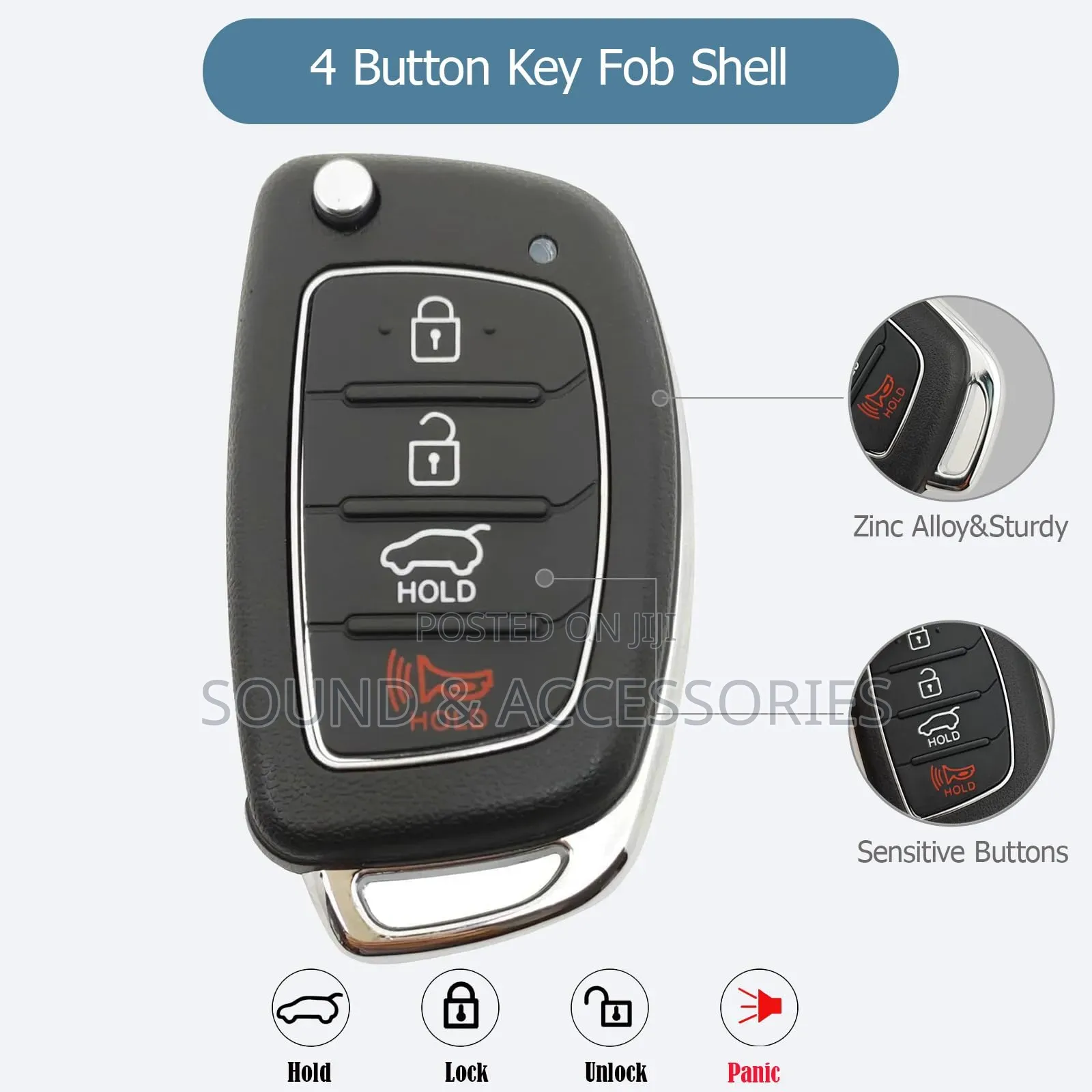 HYUNDAI 4BUTTON Flip Key Fob Case for Santa Fe Sonata Tucson Elantra