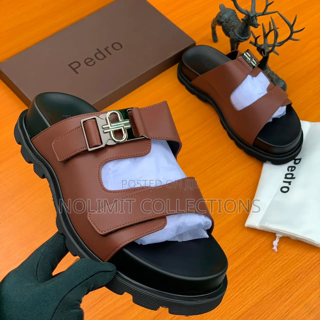 Men's Leather Pedro Icon Buckle Slides