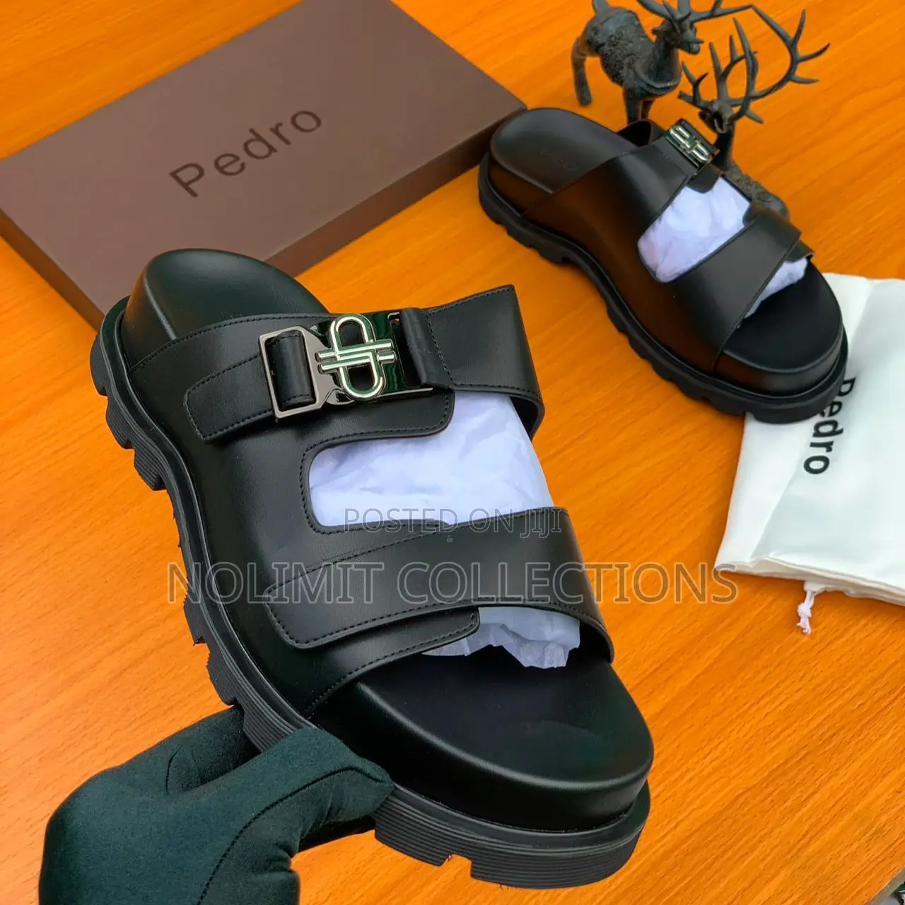 Men's Leather Pedro Icon Buckle Slides