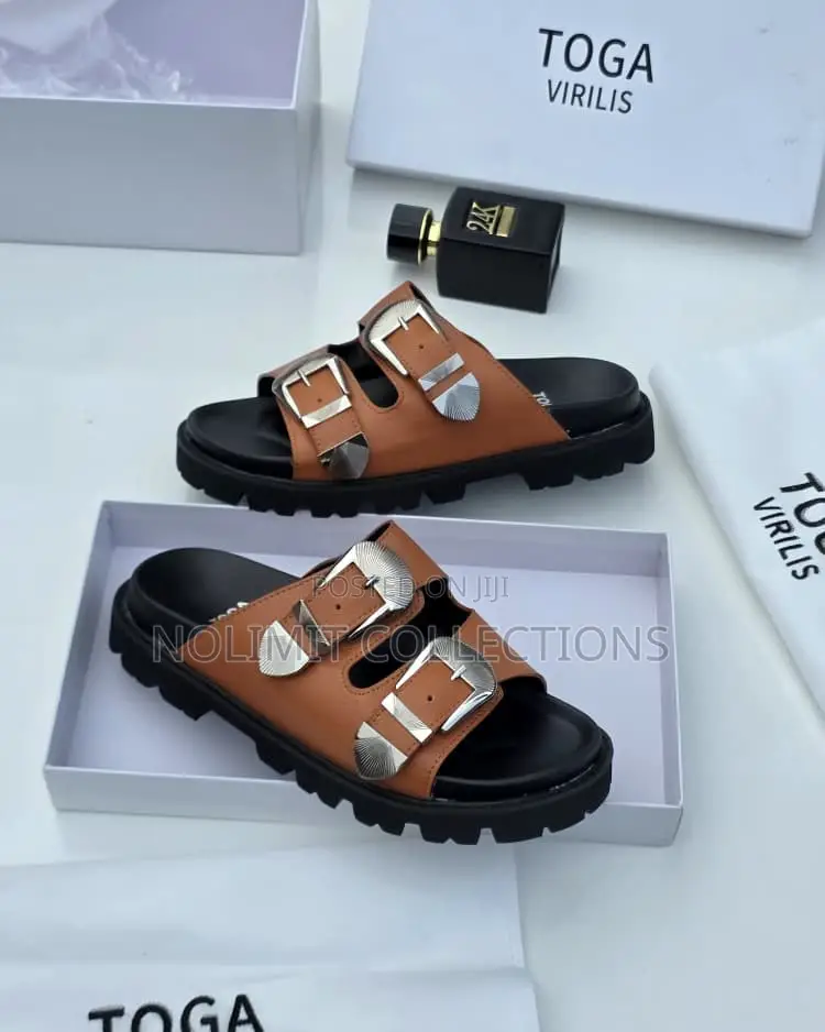 Toga Double Buckle Leather Slides With Chunky Rigid Soles