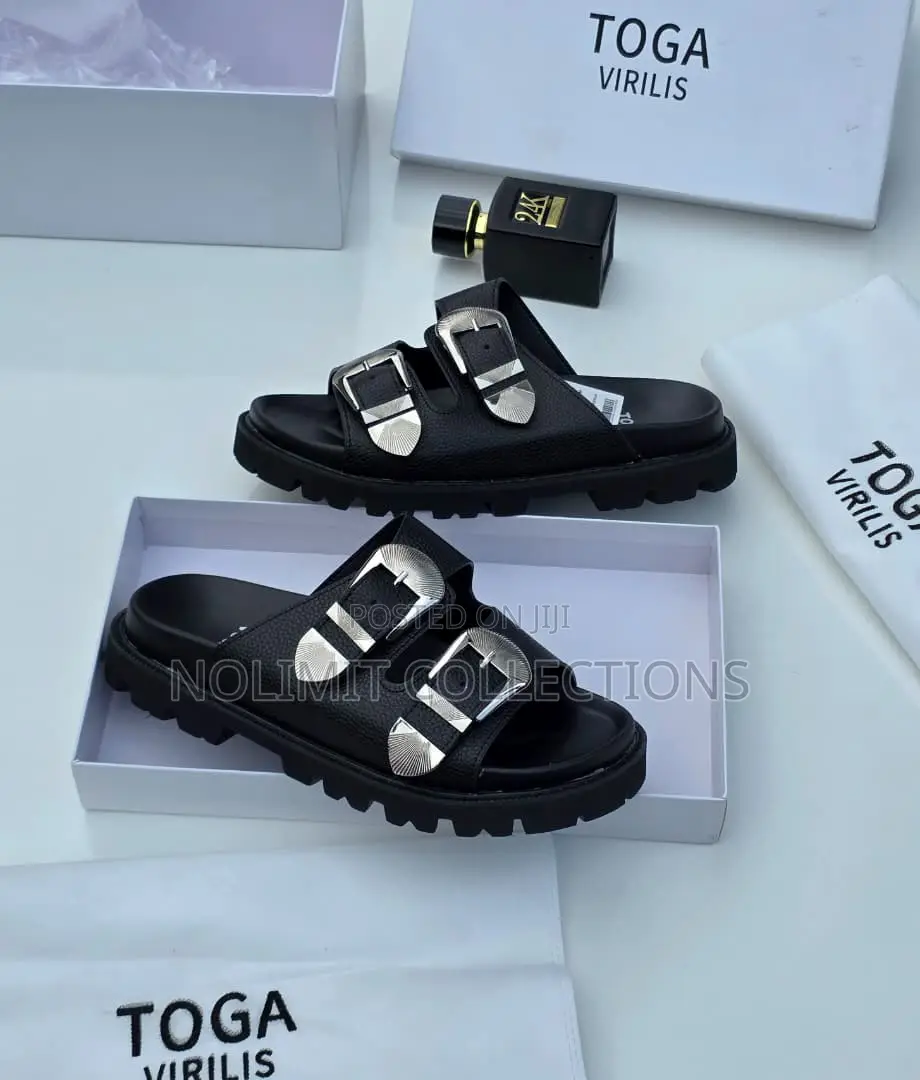 Toga Double Buckle Leather Slides With Chunky Rigid Soles