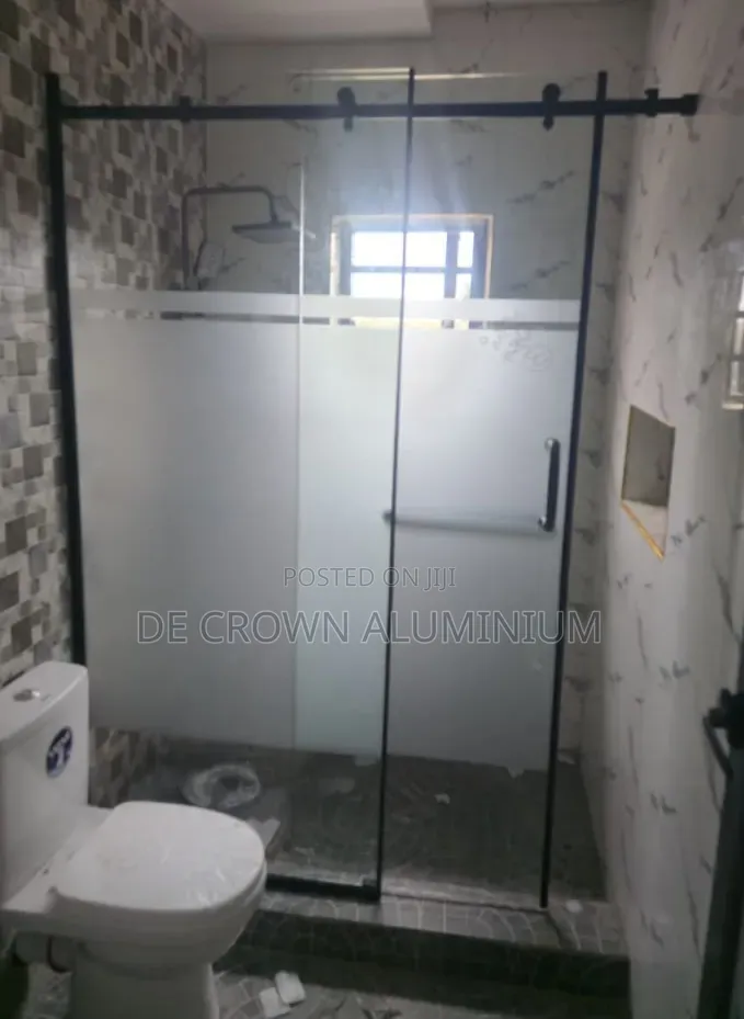 Sliding Shower Glass Cubicle | Half Frosted Glass | Black Accessories