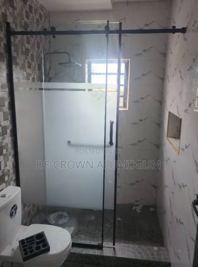 Sliding Shower Glass Cubicle | Half Frosted Glass | Black Accessories
