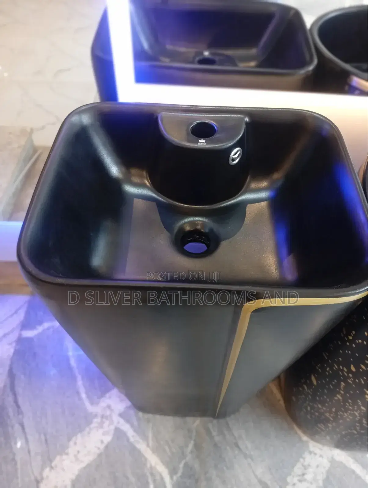 Matte Black Countertop Wash Basin With Gold Line Design