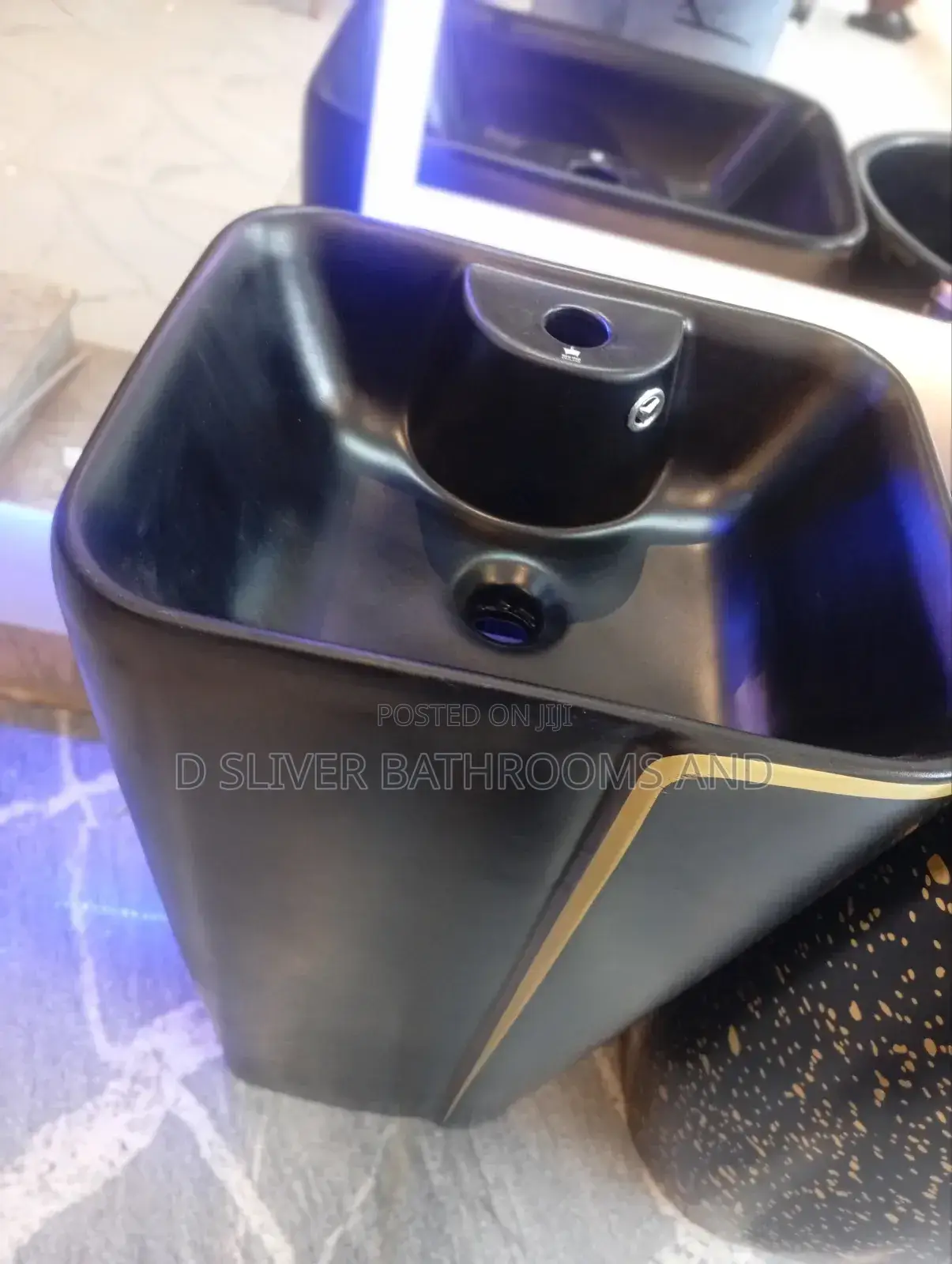 Matte Black Countertop Wash Basin With Gold Line Design