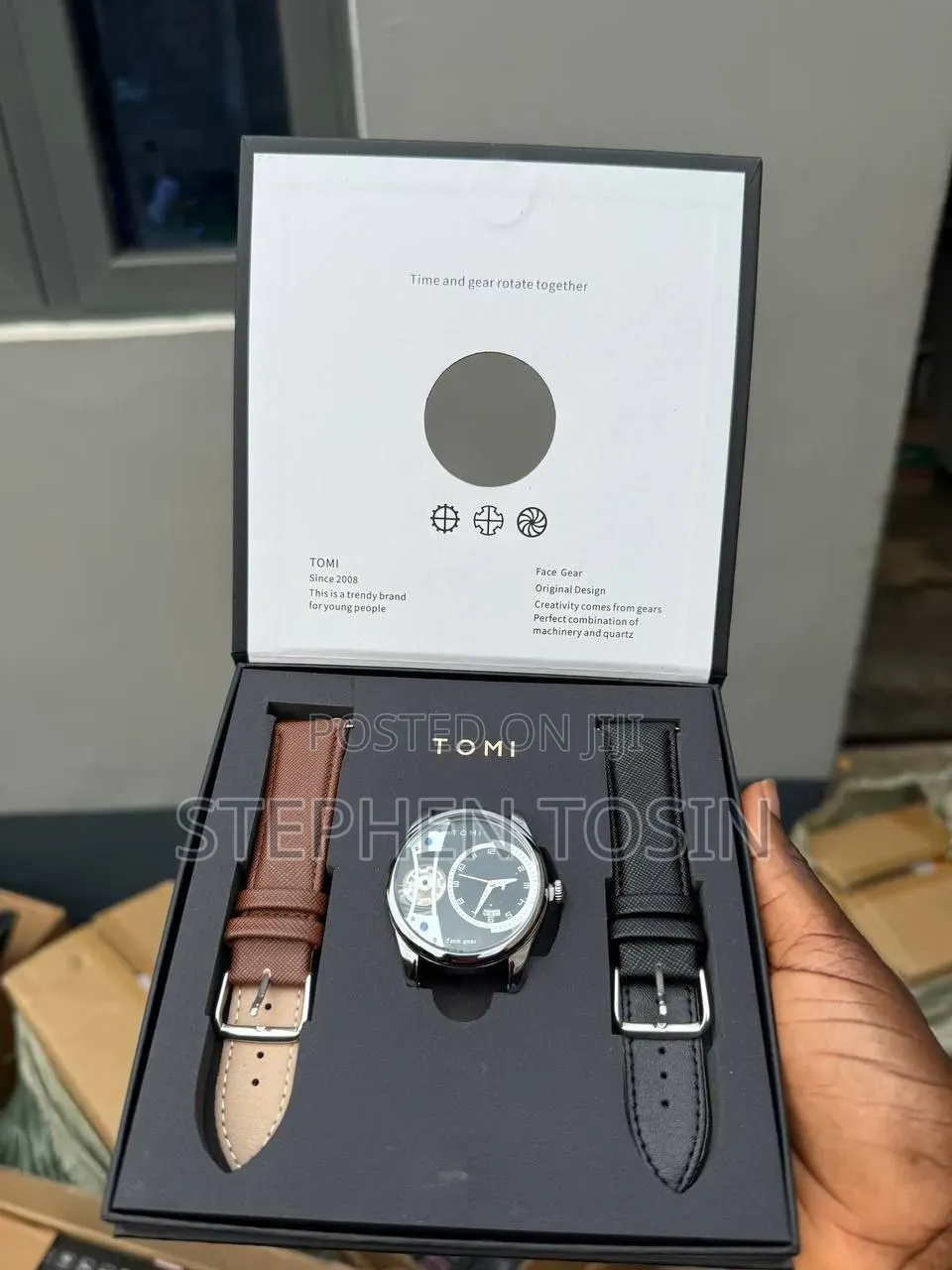Tomi Dual Face Gear Leather Wristwatch.