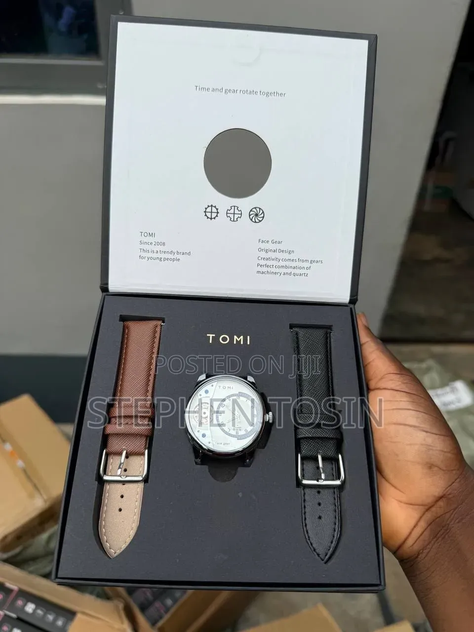 Tomi Dual Face Gear Leather Wristwatch.
