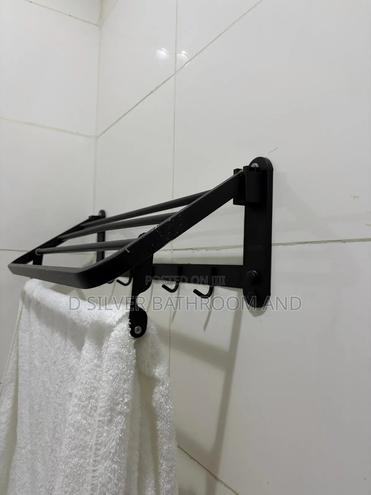Foldable Black Bathroom Towel Rack With Hooks (60cm)