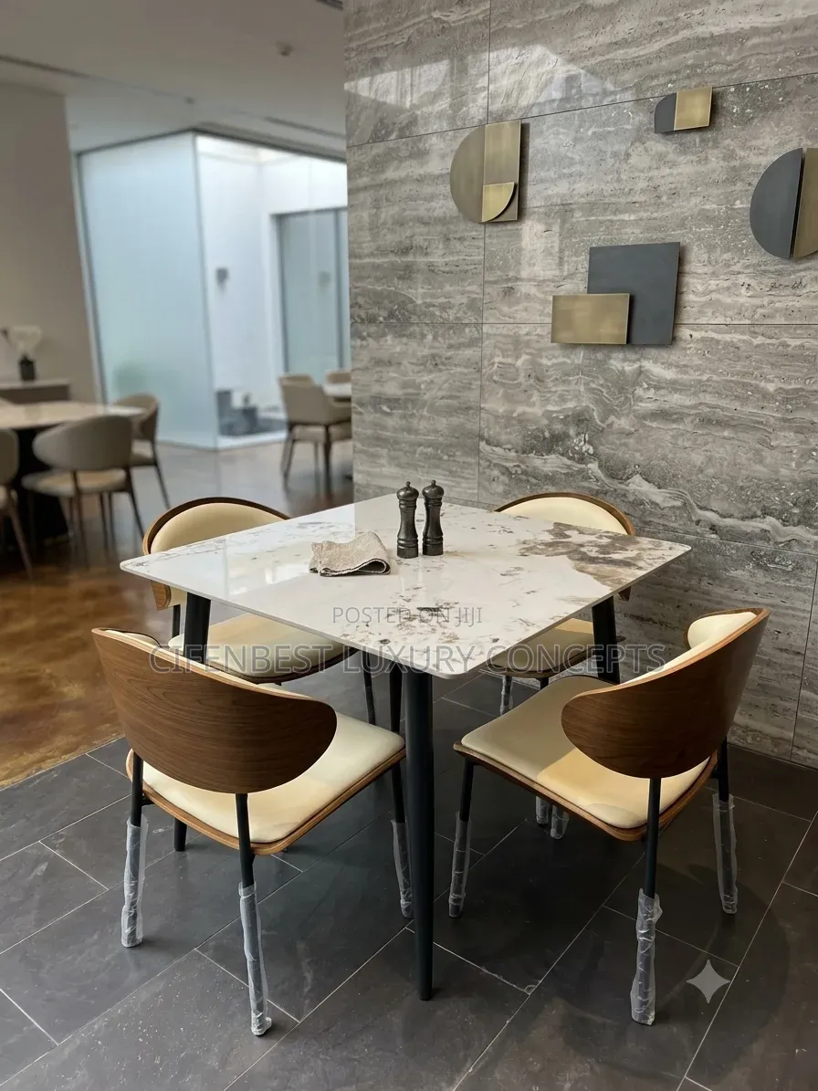 Squred Marble Top Dinning With Four Luxury Leather Chairs