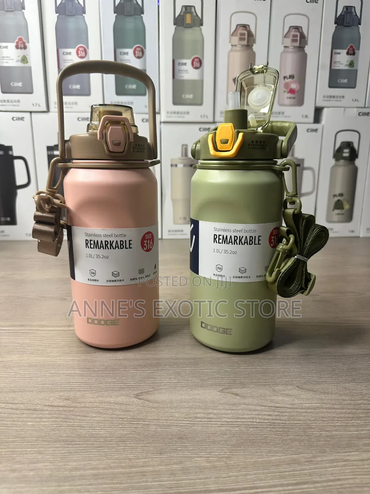 DODGE 1L Insulated Stainless Steel Water Bottle With Straw & Strap