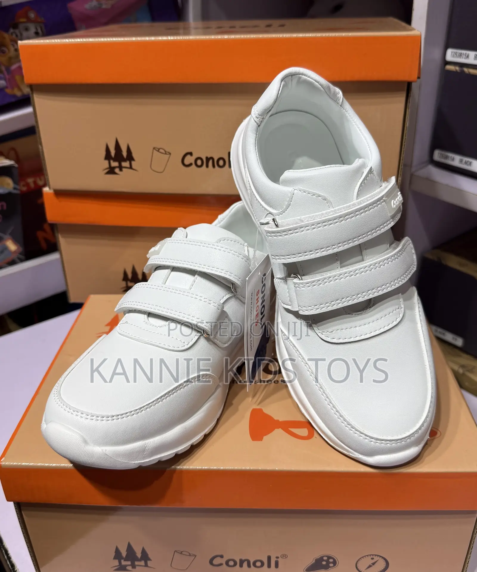 Conoli Kids White School Shoes – Triple Velcro Strap Sneakers