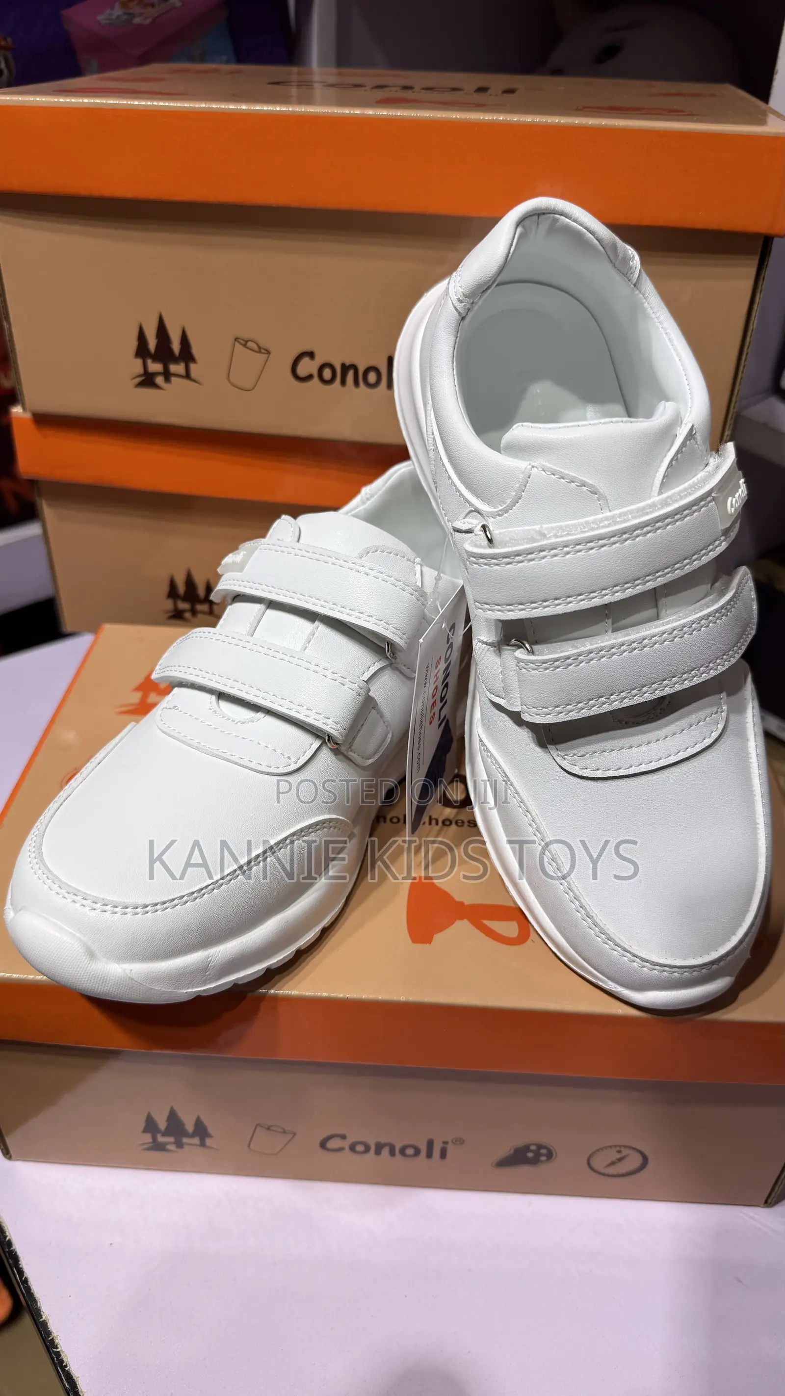 Conoli Kids White School Shoes – Triple Velcro Strap Sneakers