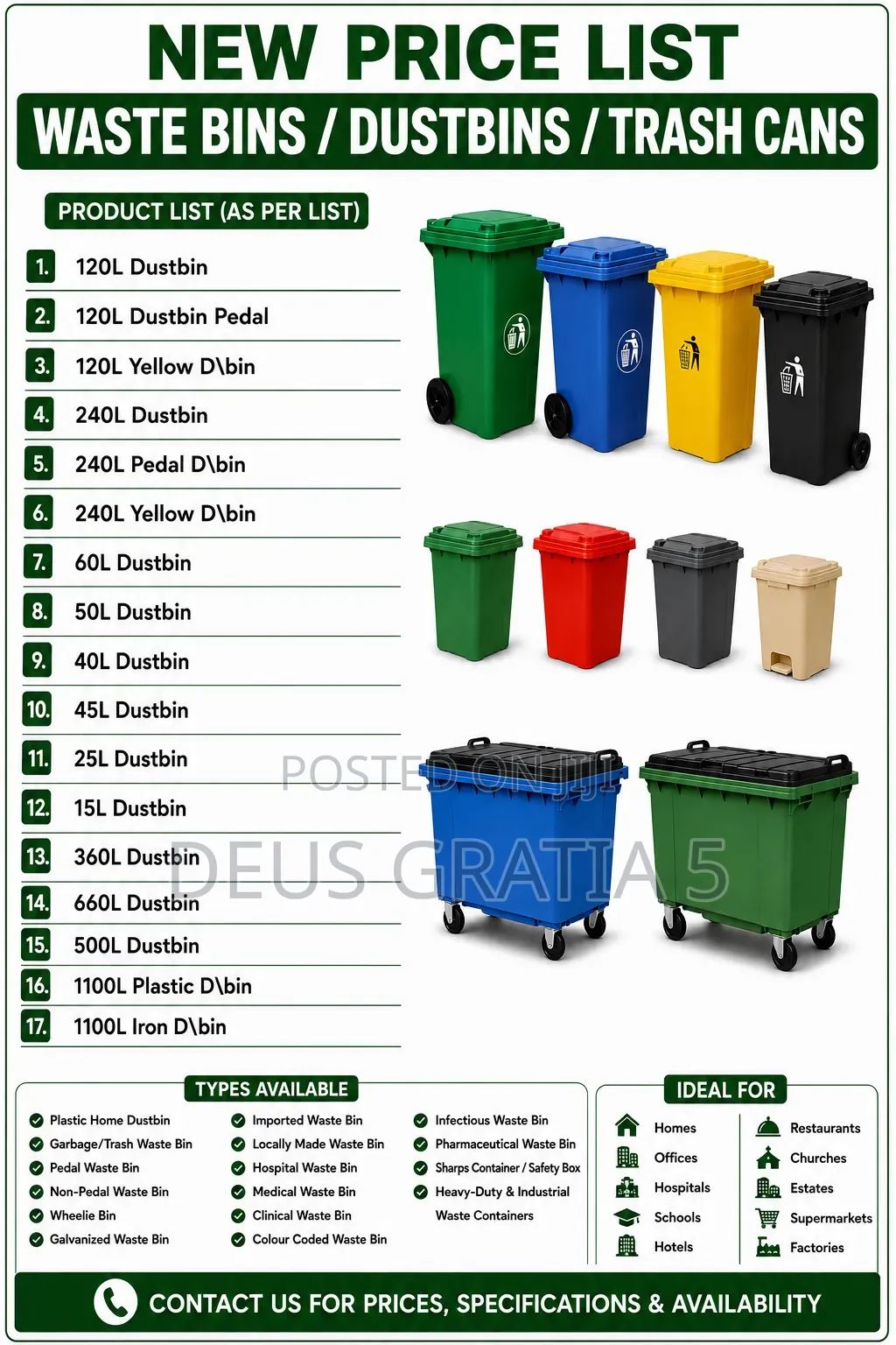 660 Litres Industrial Green Waste Bin With 4 Legs and Cover Imported