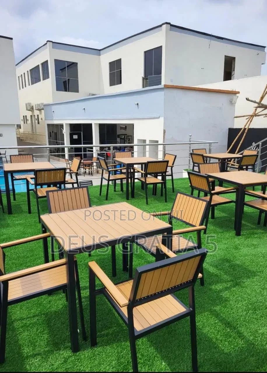 Outdoor Table With Wooden Top and Metal Base