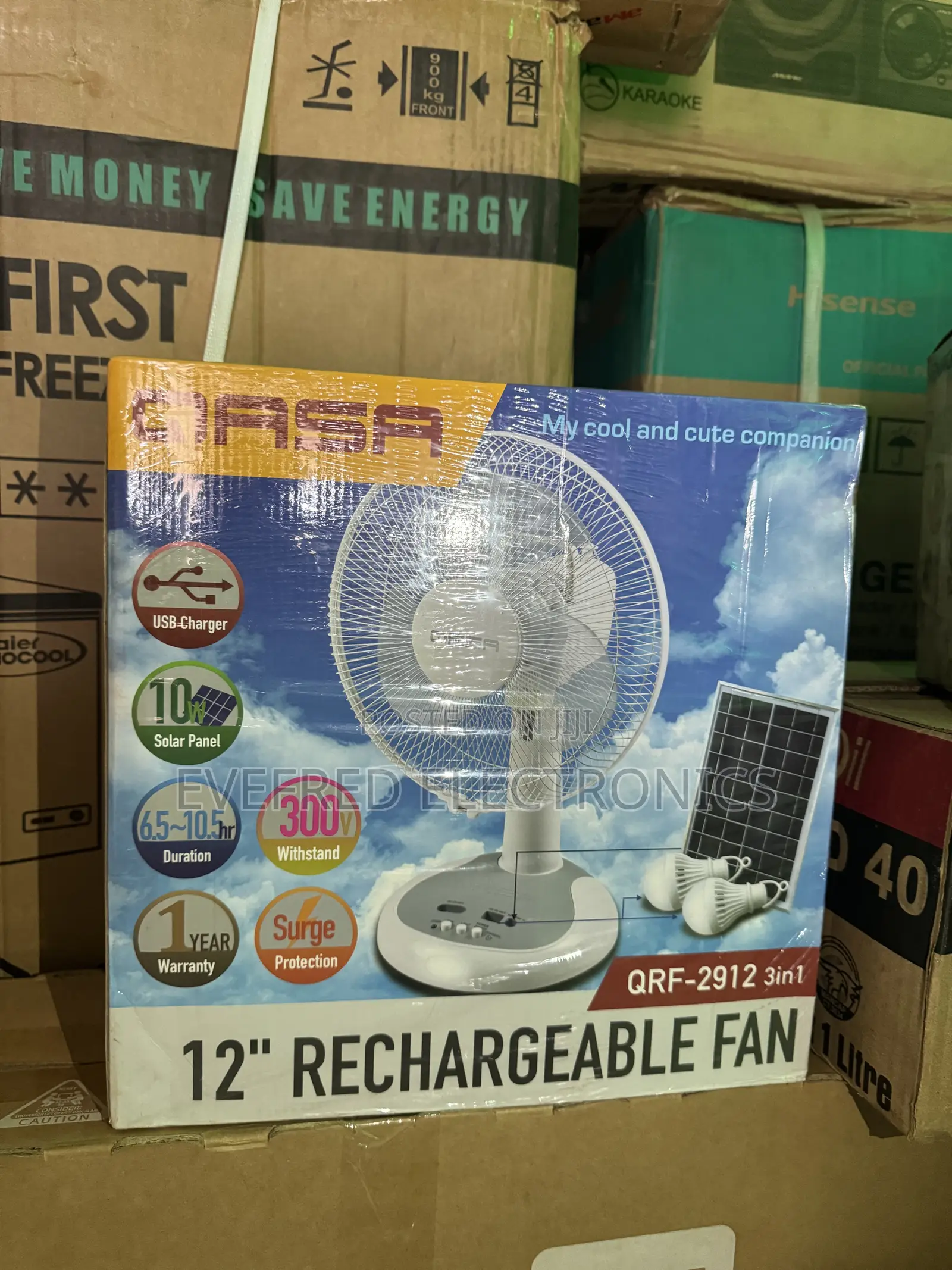 Brand New 12” Qasa Rechargeable Solar Table Fan