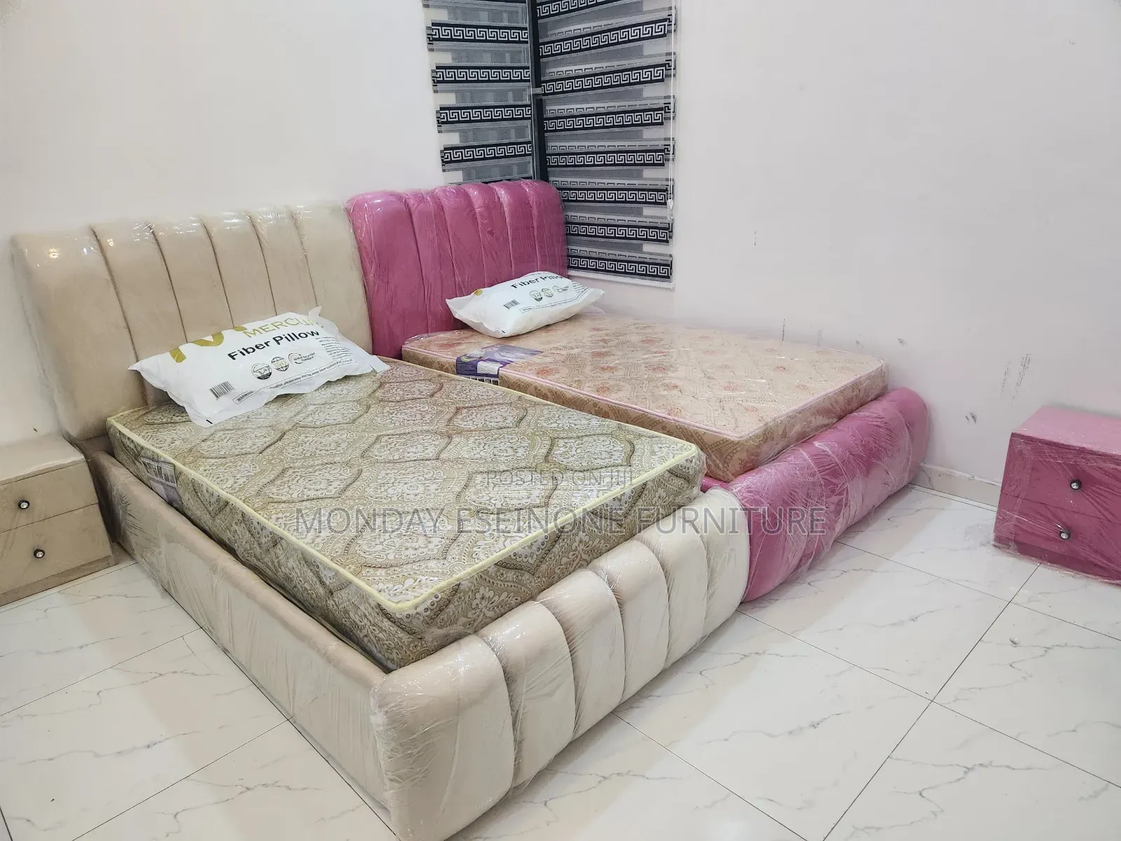 3.5 X 6 FT Cream Padded Bedframe With Side Drawer