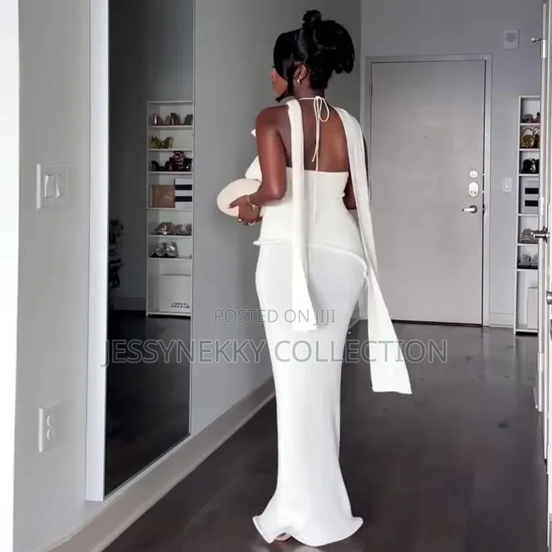 Classic Luxurious White Dress With Neck Tie