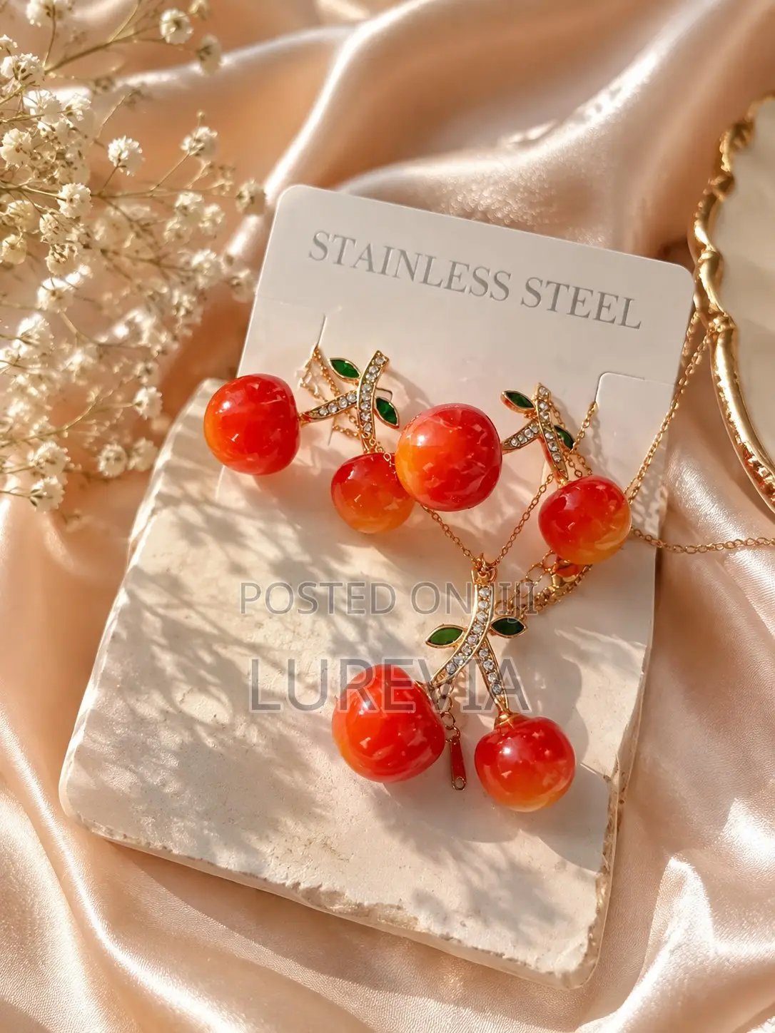 Cherry-Charm Necklace and Earring Set