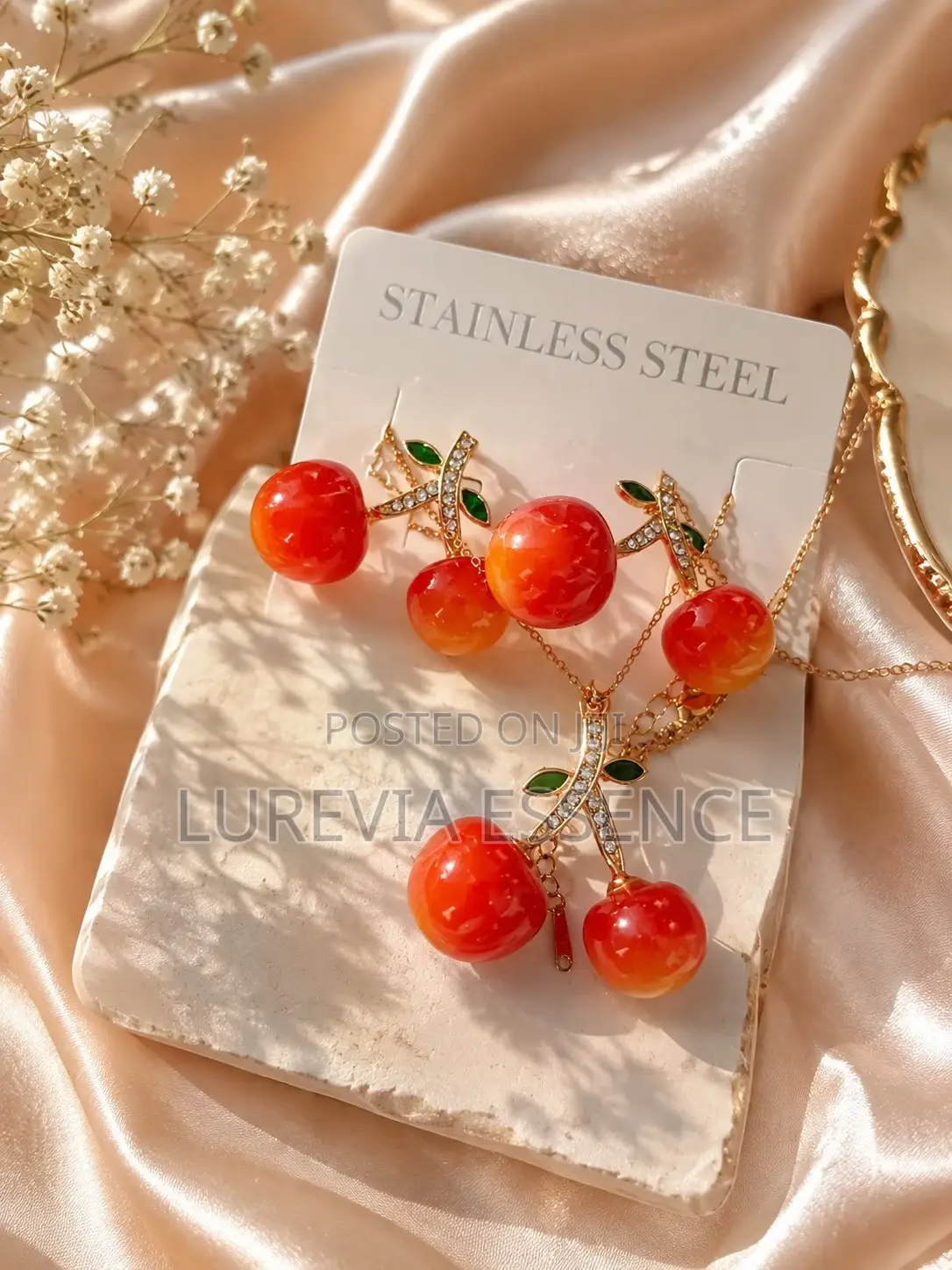 Cherry-Charm Necklace and Earring Set