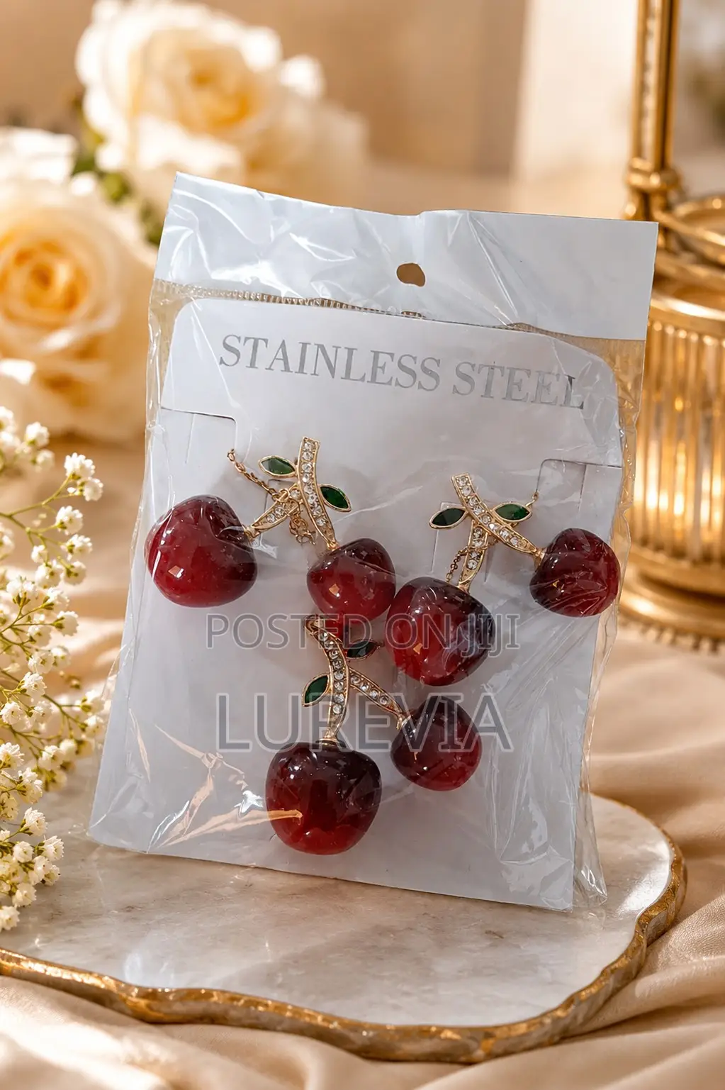 Cherry-Charm Necklace and Earring Set
