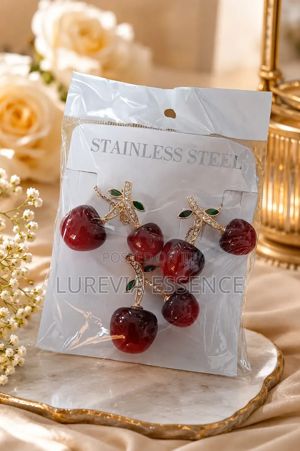 Cherry-Charm Necklace and Earring Set