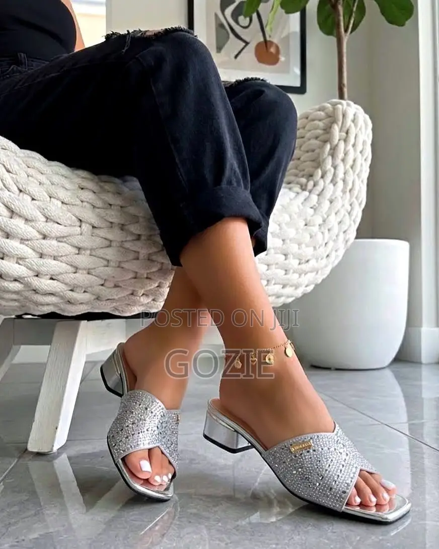 Low Block Heel Slippers With Stones