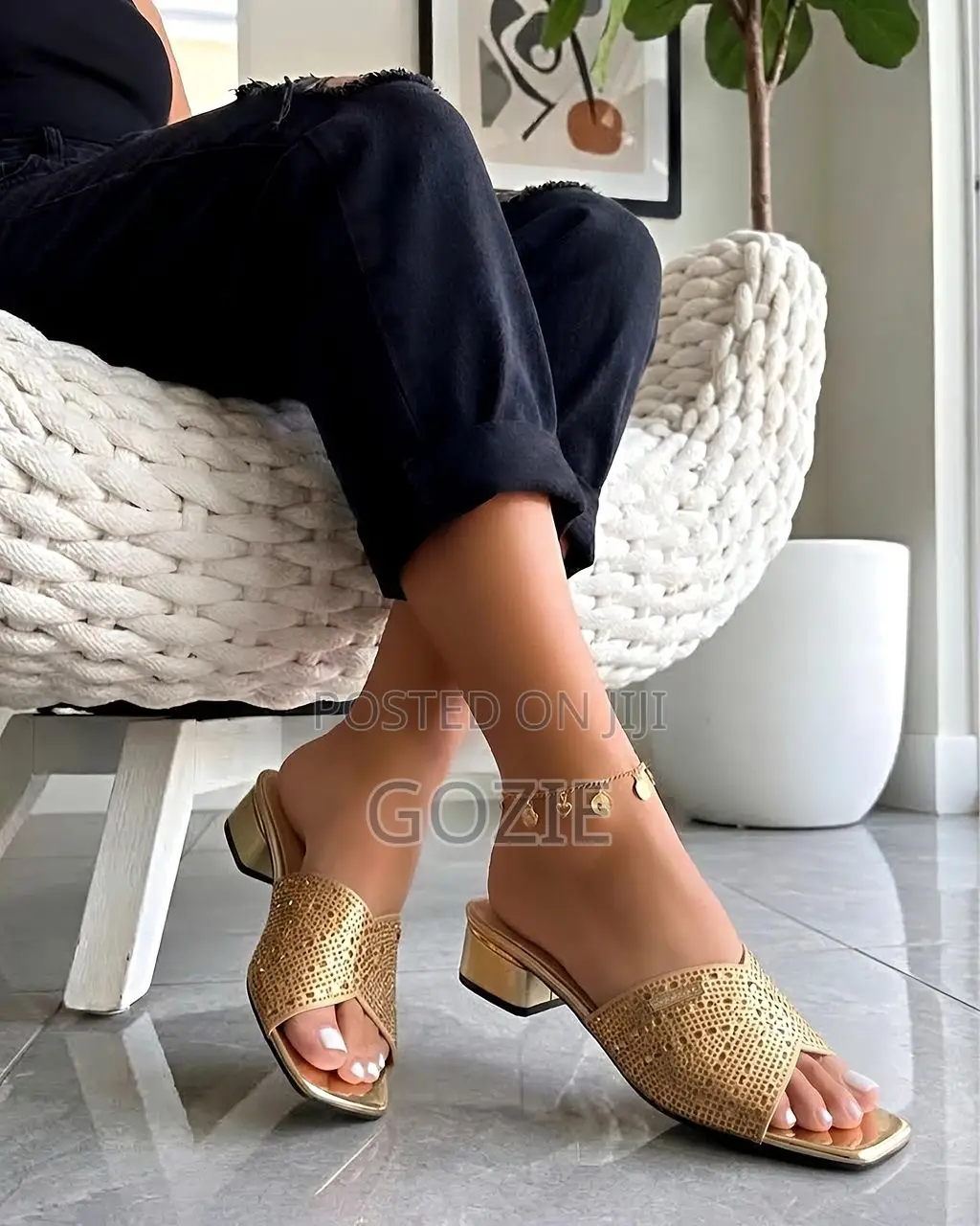 Low Block Heel Slippers With Stones