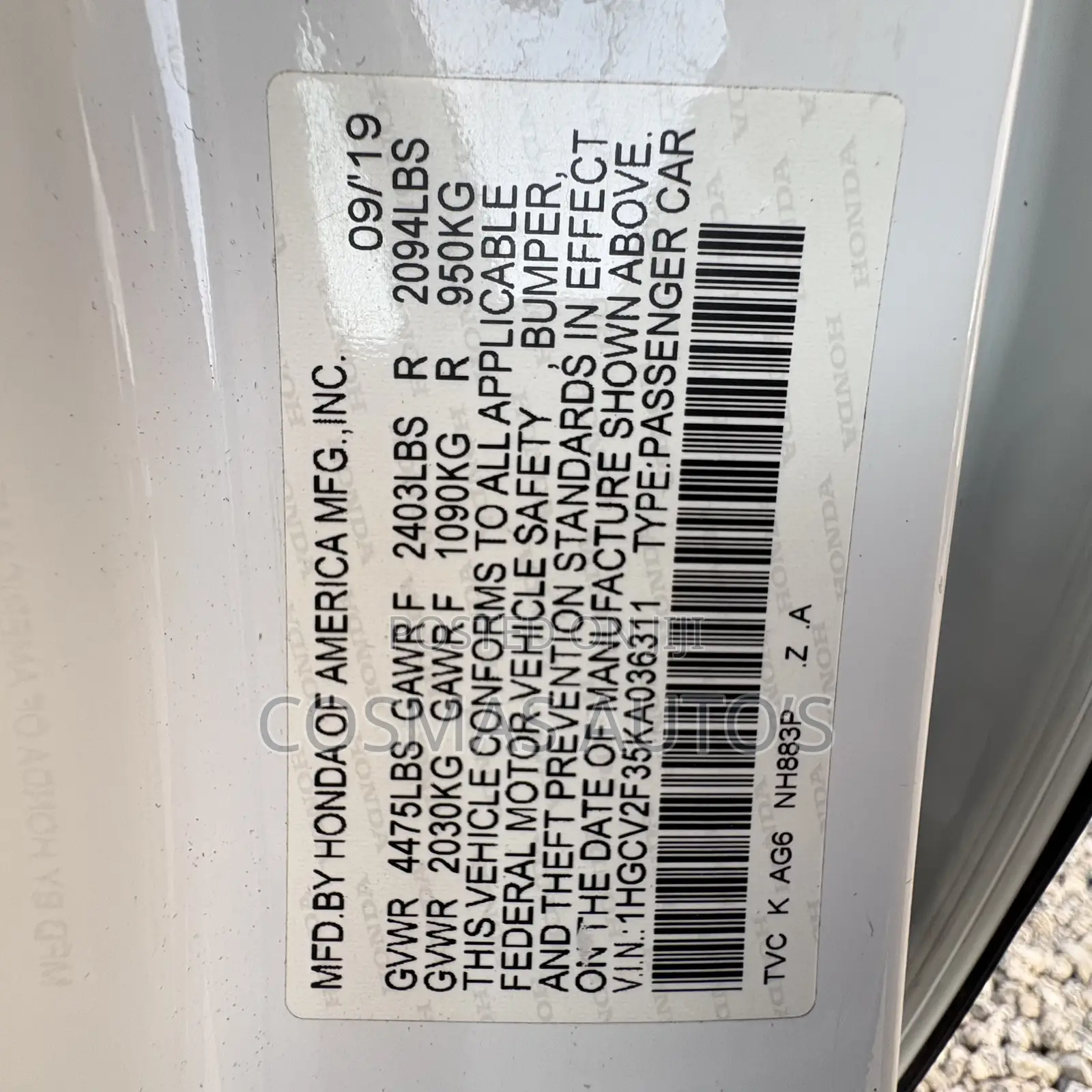 Honda Accord Sport (2.0L 4cyl Turbo 10A) 2019 White