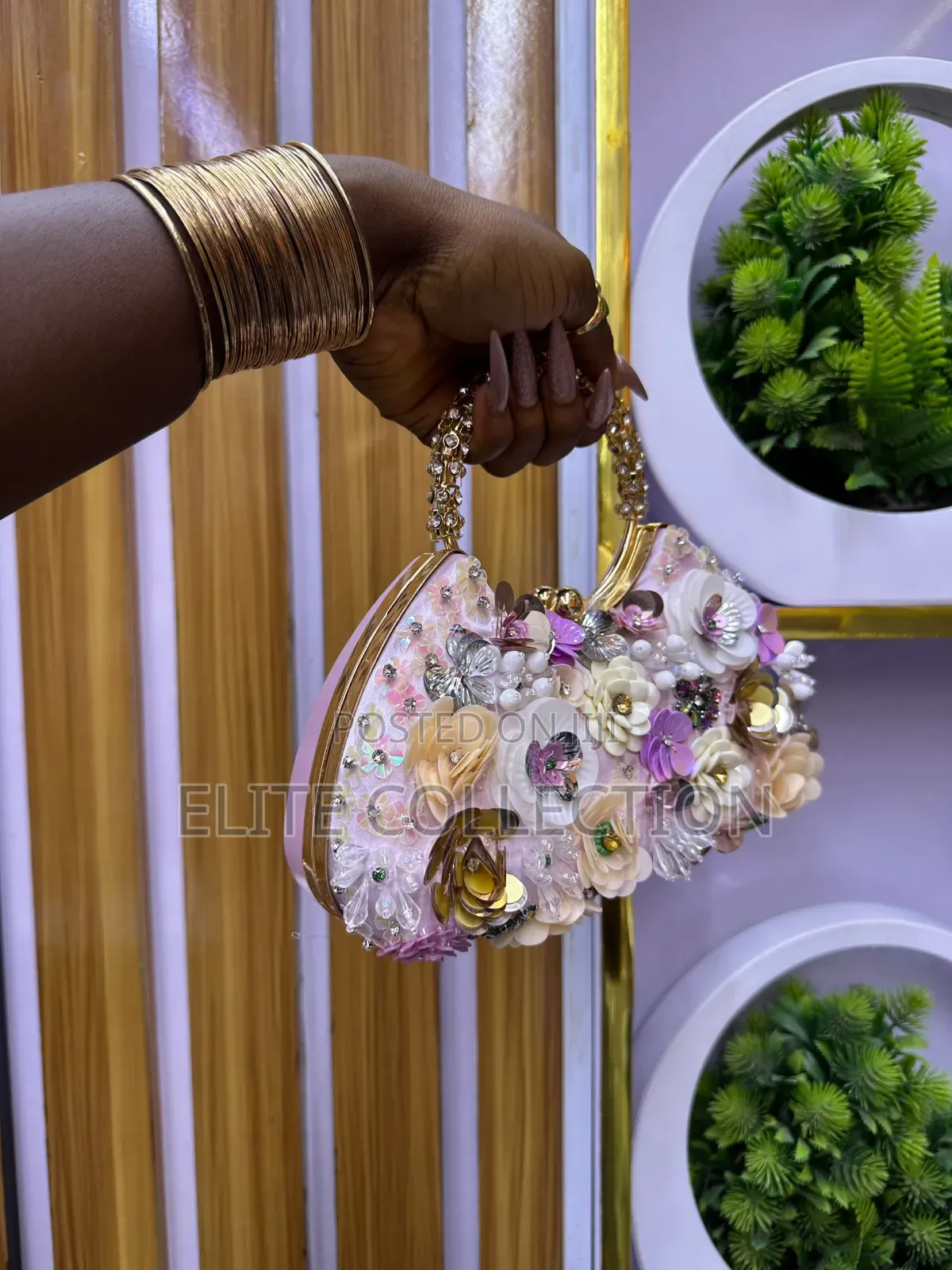 Trendy Floral Purse Gold, Pink and Black Color
Boxed