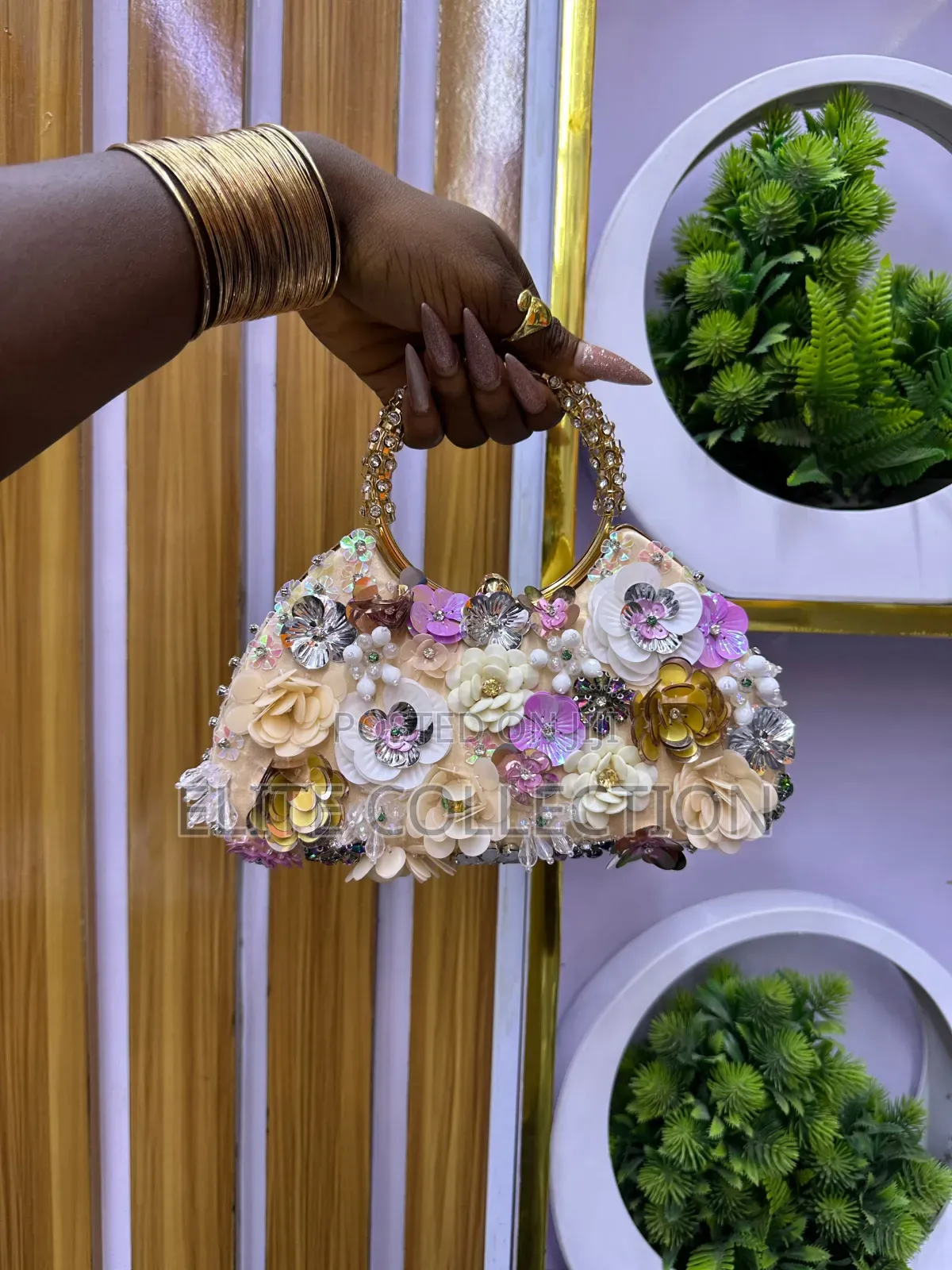 Trendy Floral Purse Gold, Pink and Black Color
Boxed