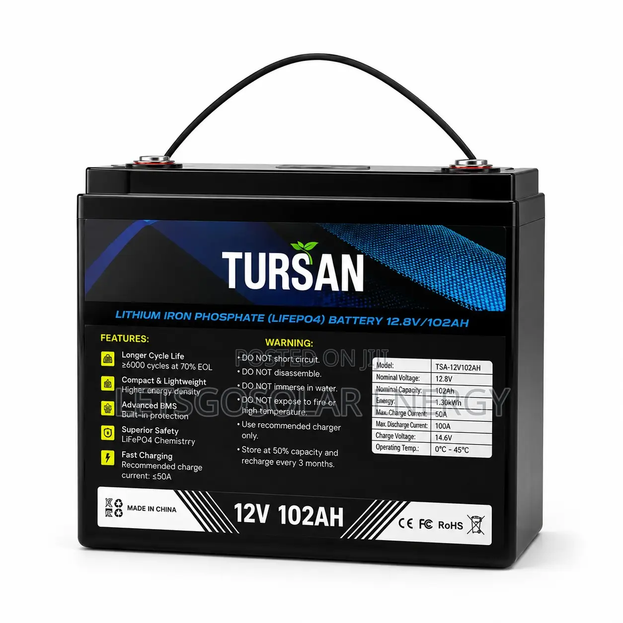 Tursan 12.8V 102Ah 1.3kWh LiFePO4 Lithium Battery for Inverter