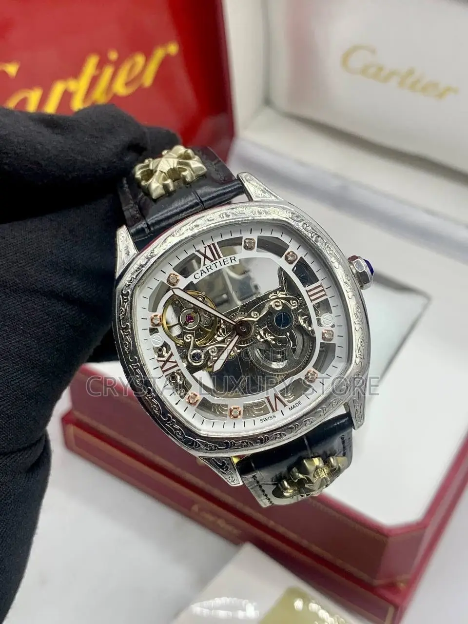 Cartier Quality Luxury Men Genuine Leather Automatic Engine Wristwatch